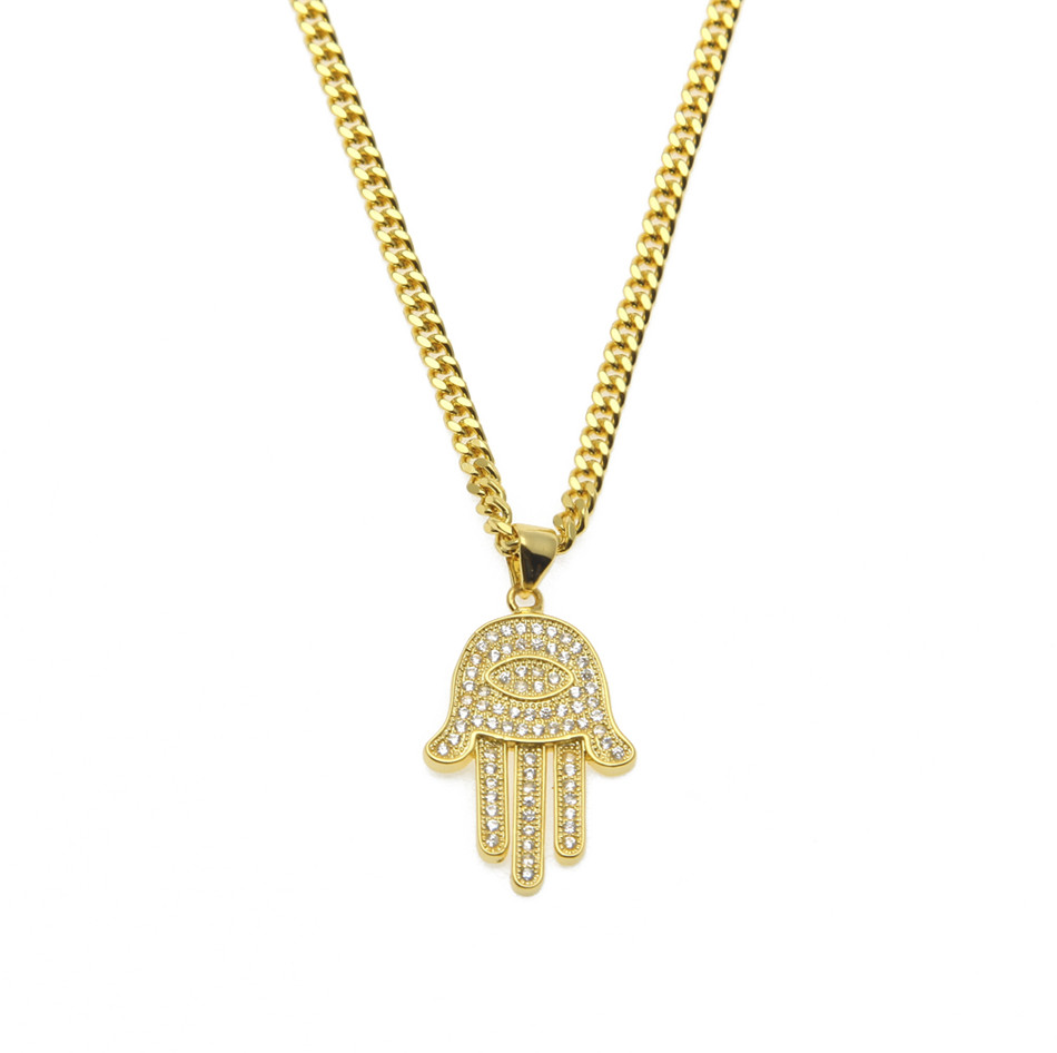 

Zircon Fatima hand Pendant Gold Color Copper Material Bling Crystal Luck Hand Palm Necklace Chain For Women