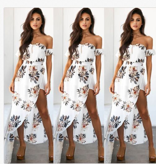 

High Slit Off Shoulder Floral Maxi Dress, White