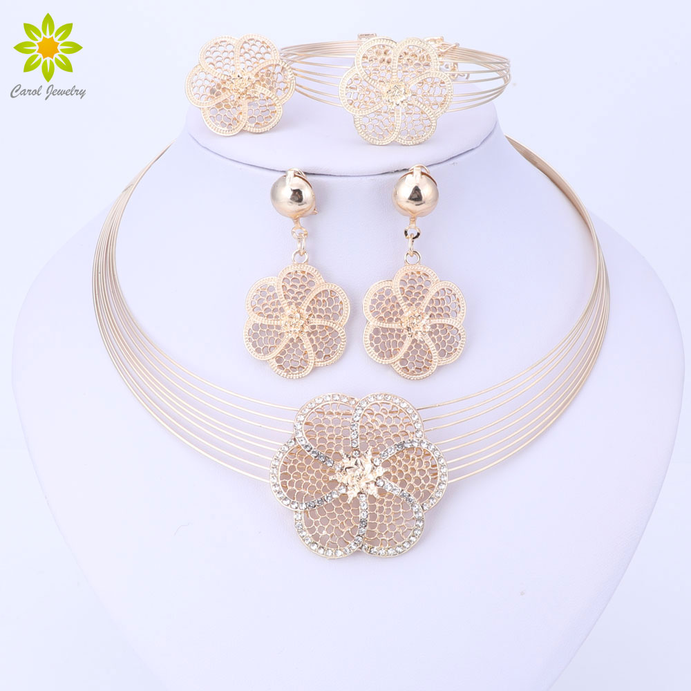 

Dubai Gold-color Jewelry Sets Nigerian Wedding African Beads Crystal Necklace Earrings Bracelet Ring Flower Pendant Jewelry Set
