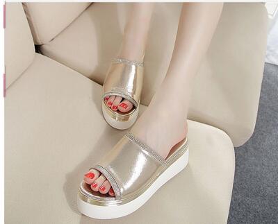 

Fashion Women Slippers Split Leather Sandals 2017 Summer Open Toe Thick Soled Female Outside Women Wedges Slippers Platform Shoes., Silver