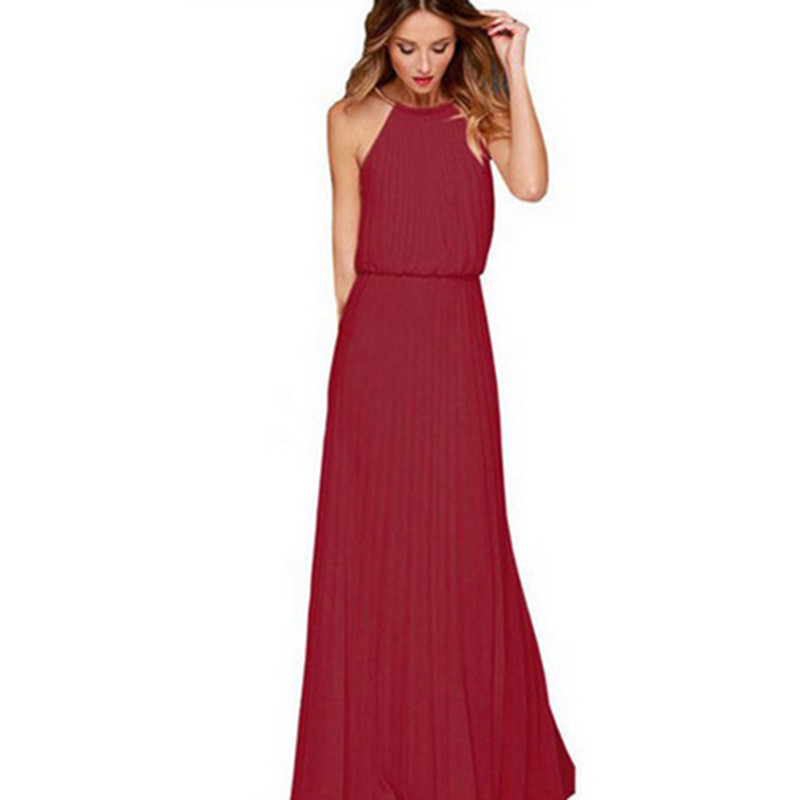 Wholesale- Summer Fashion Women Loose Chiffon Dress Halter wine Pink Black Boho Vestidos Casual Long Dress Plus Size