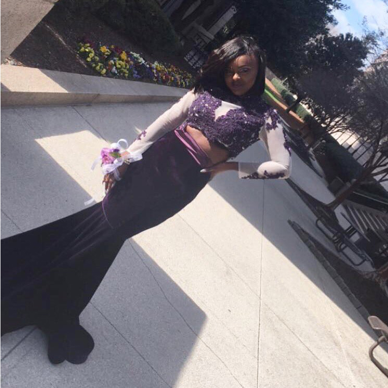 

Sheer Long Sleeve Purple Prom Dresses High Neck Lace Appliques Beaded Velvet Skirt Elegant Prom Gowns Two Piece Evening Party Dresses, Lavender