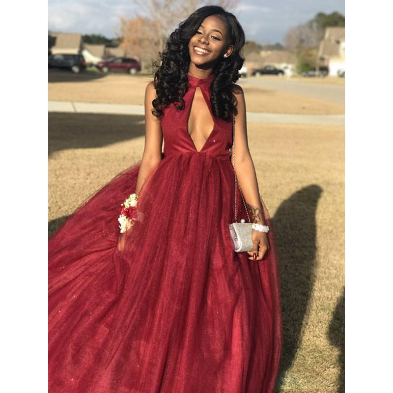 Sexy Halter Backless Burgundy Prom Dresses Plus Size Long Black Gril Prom Gowns Puffy Tulle Celebrity Evening Party Gowns