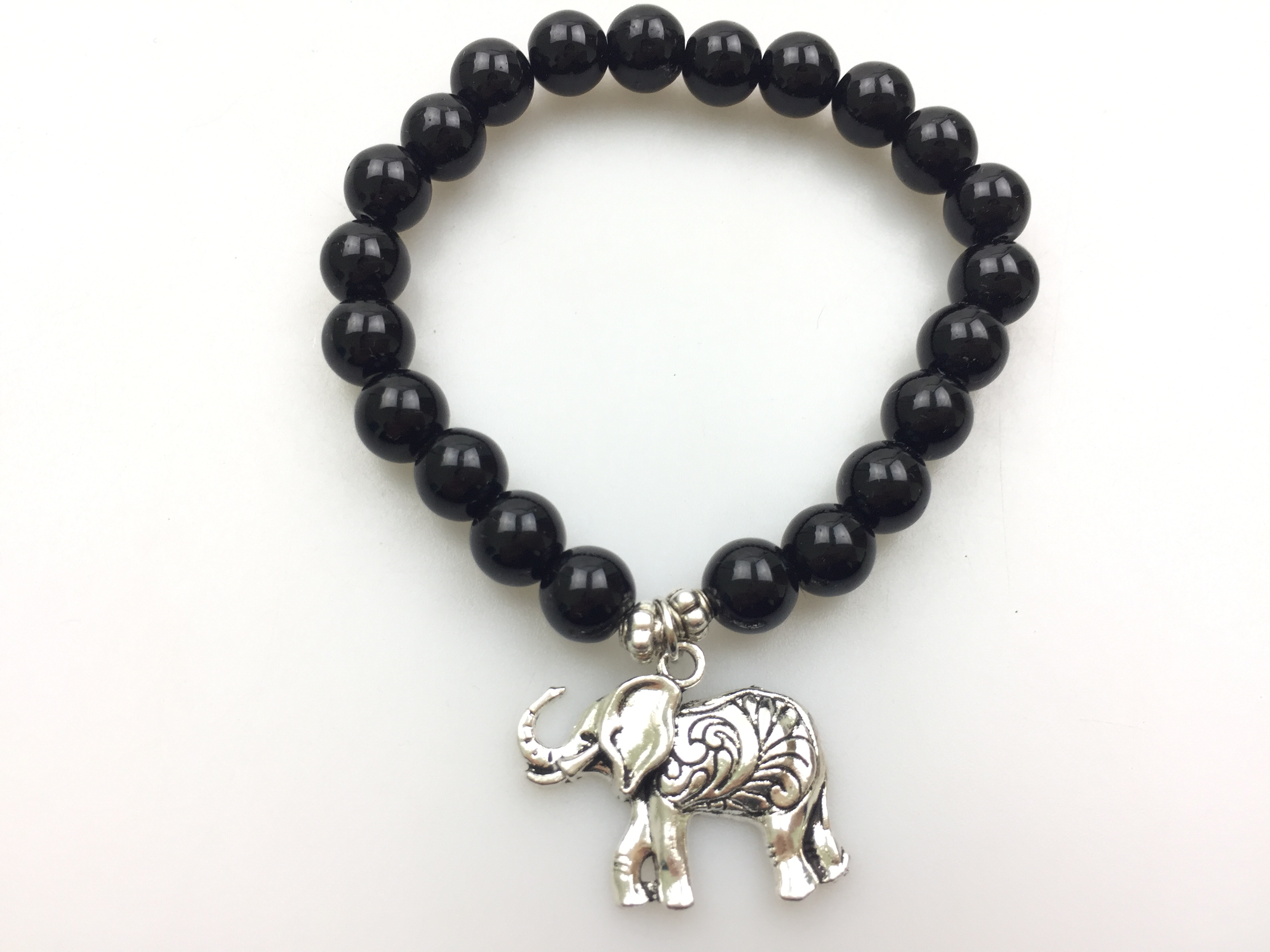 Bracelet fantaisie perles de bracelet mala 8MM Bracelet en agate noire Pendentif éléphant Bracelets yoga en perles d'onyx noir