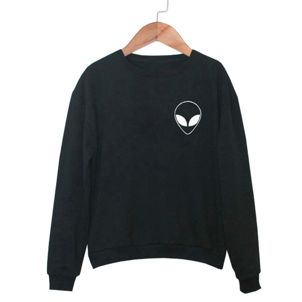 

Wholesale-2016 Fashion Sweater For Women Fashion Skulls Printed Alien Long Sleeve Pullover Shirt Casual Couples Solid Color, Black
