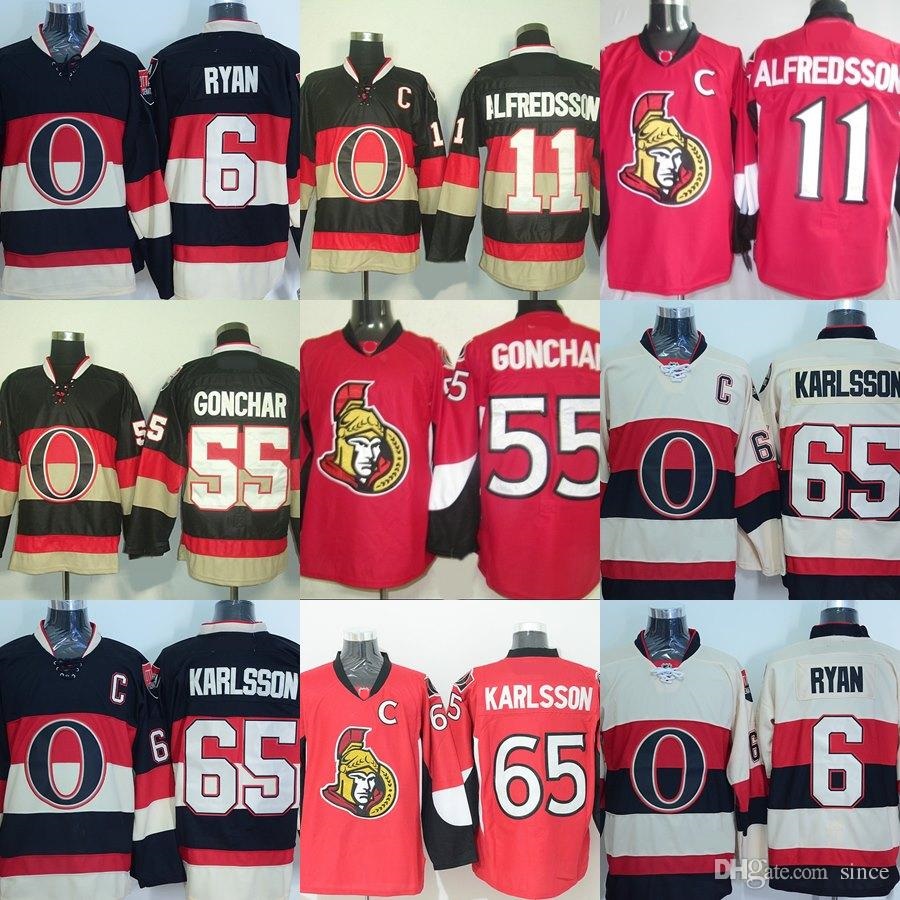 

Factory Outlet Men's Ottawa Senators #6 Ryan #11 Alfredson #55 Gonchar #65 Erik Karlsson Red Black Beige new ice hockey jersey free shipping, #11 red