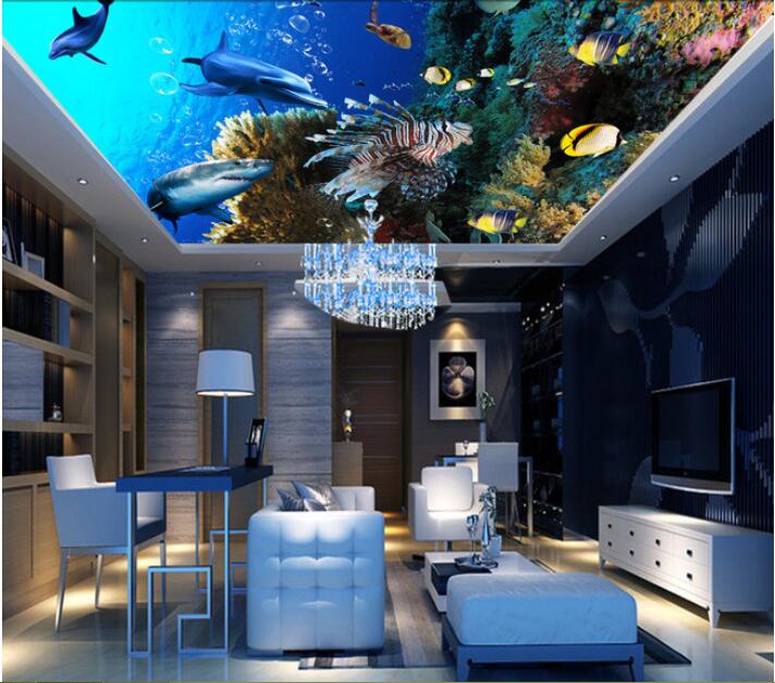 

3d wallpaper custom photo Blue sea world dolphin fish ceiling murals decoration painting 3d wall room murals wallpaper for walls 3 d, Picture shows