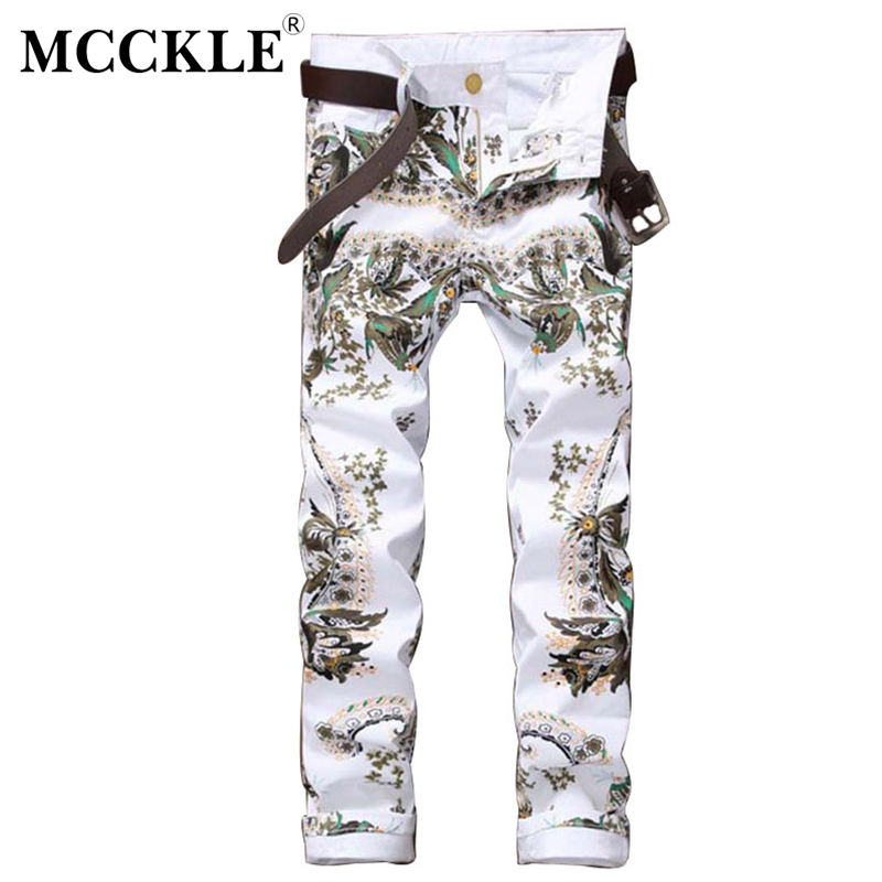 

MCCKLE White Printed Men Jeans Fashion Male Skinny Straight Club Jeans Mens Casual Printing Pants Trousers Plus Size 30-38