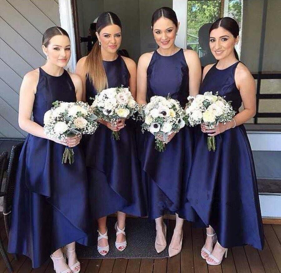 2017 Simple High Low Bridesmaid Dresses Navy Blue Jewel Neck Satin Sleeveless Tiered Skirts Plus Size Wedding Guest Gowns Custom Made