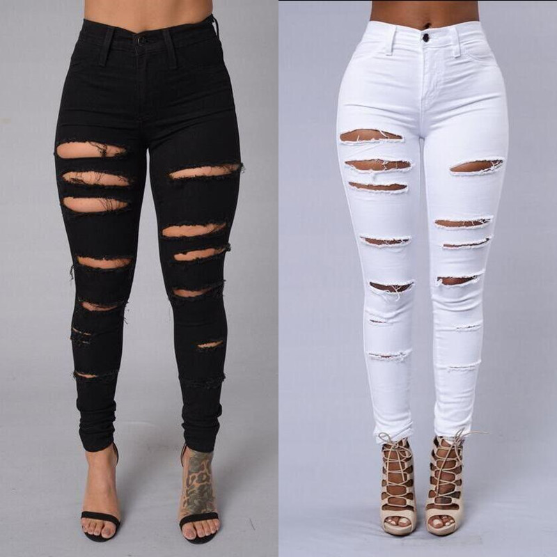 Wholesale- 2017 Autumn Fashion Ladies Long Pencil Pants Stretch Women 4 Pockets Bleach Ripped Skinny Jeans Hole Jeans For Female