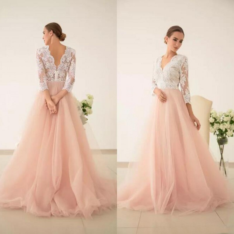 

Fairy 2017 Ivory Lace Peach Tulle Country Wedding Dresses Cheap V Neck Illusion 3/4 Long Sleeves Bridal Gowns Custom Made China EN8057, White