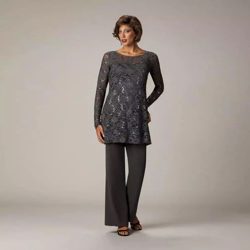 

Gray Lace Mother Of The Bride Pant Suits Sequined Three Pieces Wedding Guest Dress Plus Size Cheap Mothers Groom Dresses