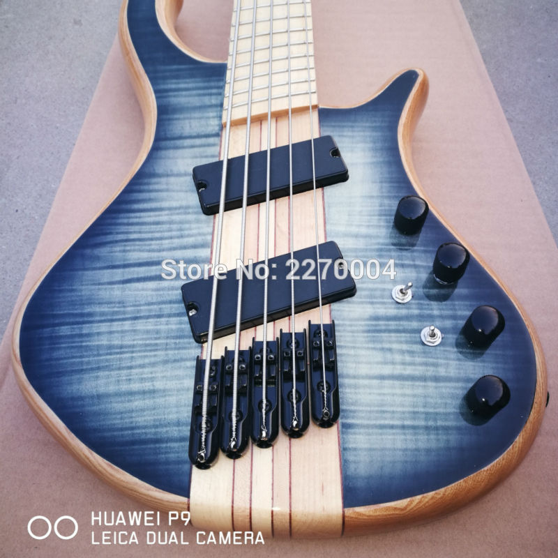 

Promotion! Mayon 5 Strings Dark Blue Black Flame Maple Top Electric Bass Guitar Neck Through Body, Fanned Frets, Black Hardware