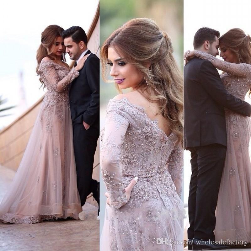 

2020 Sexy Lilac Evening Dresses Wear V Neck Illusion Lace Appliques Crystal Beaded Sheer Tulle Long Sleeves Formal Party Dress Prom Gowns, Champagne