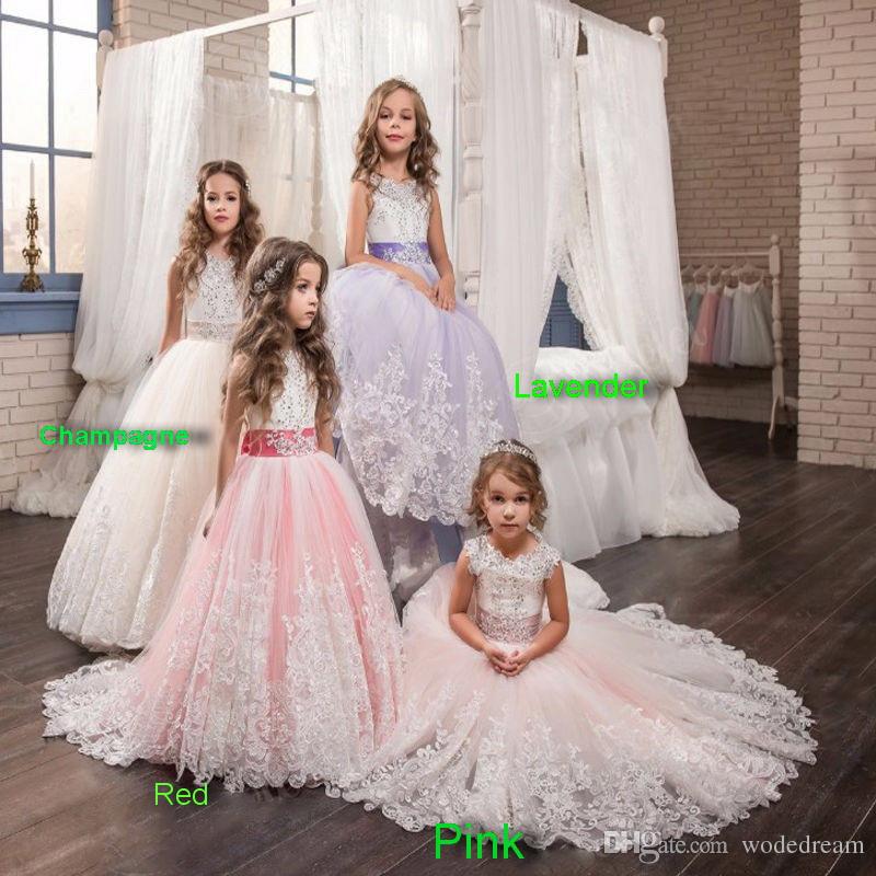

2020 NEW Girls Ball Gown Lace Pageant Dresses for Girls Glitz Holy Communion Dresses Bow Graduation Gowns Children, White