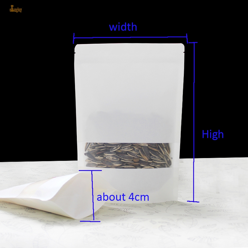 

100pcs/lot 7sizes White kraft Paper packaging bag Frosted windows stand up Zipper packing bags zip lock retailer package