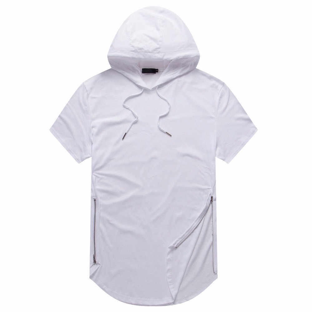 

Man Summer Tshirts Longline Curve Hem t shirt Hooded Zipper Design Short Sleeved Casual Tops for Male, White without zipper