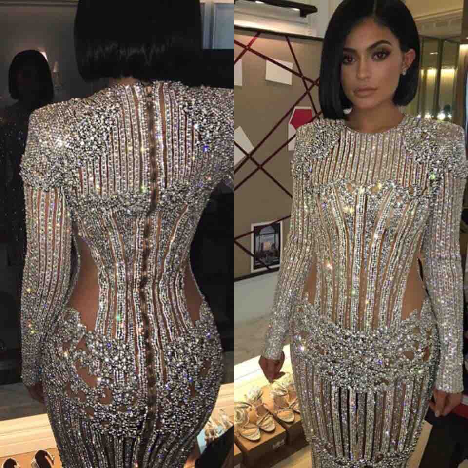 

Custom Made Kendall Jenner Kylie Jenner Met Gala 2021 Red Carpet Fashion Celebrity Dresses Cutaway Illusion Beaded Evening Gowns, Sage