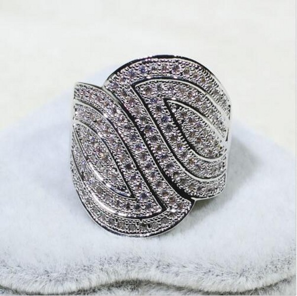 

Luxury 14KT white gold filled 110PCS 5A CZ Leaf Wide Diamond gemstone Ring Engagement Wedding Rings finger for Women Jewellery Size 5-10
