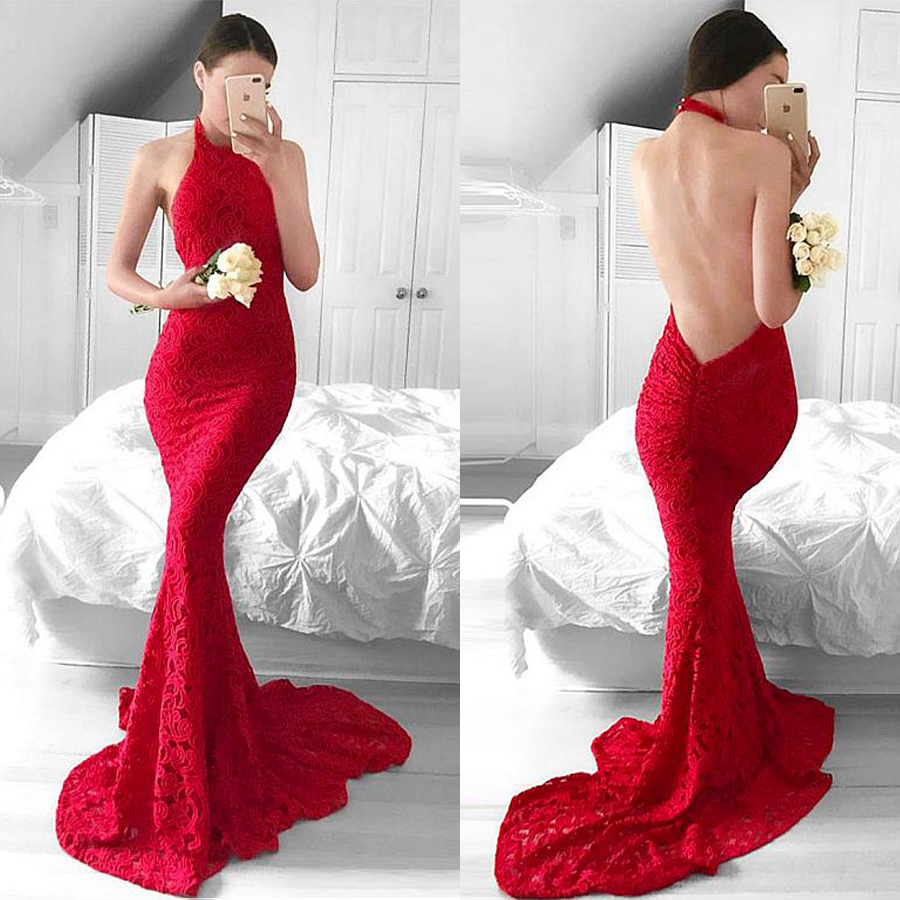 

Showy Lace Halter Neckline Backless Mermaid Evening Dresses Red Long Prom Dress vestidos de fiesta baratos, Dark navy