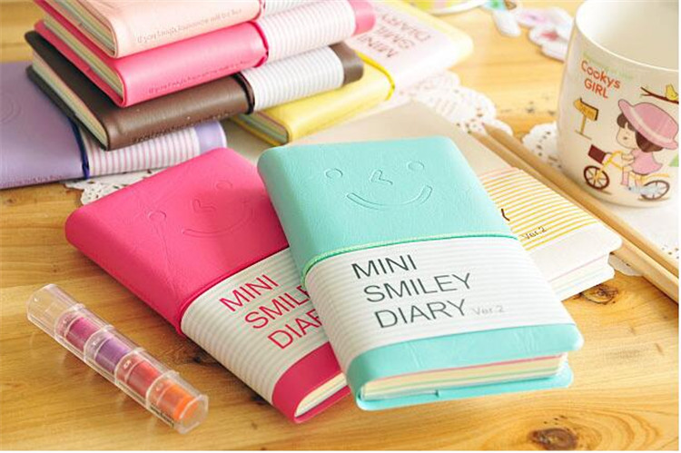 

Business and Students Cute Colorful Mini Smile Leather Notebook 7.5*.12.5 CM 192 Sheets Wire Bound 90g/pc Fashion Diary, Purple;pink