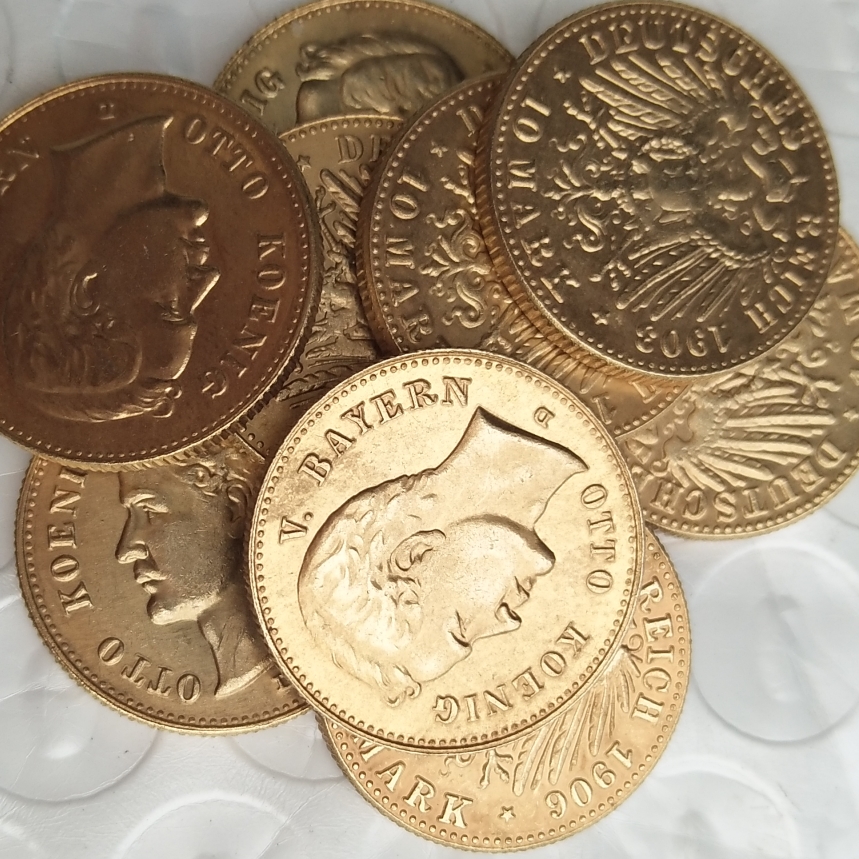 

Full Set (1902-1912) 9pcs Germany Bavaria 10 Mark Gold Plated Copy Coins metal craft