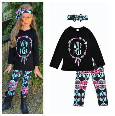 

Baby Girl Autumn Clothes Sets Long Sleeve T-Shirt + Geometry Pants + Headband Three pieces Suit Baby Kids Letter Printed Clothing Set KE 007, As picture