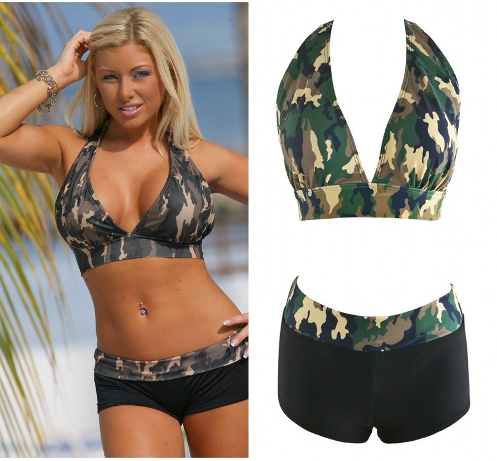 

10pcs Sexy Women Two Piece Swimwear With V Neck Halter Camouflage Push Up Bikini Set S M L XL QP0208, Picture