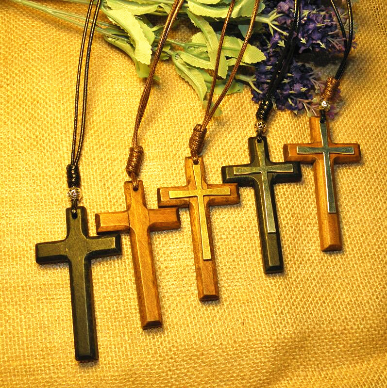 2024 New Double wooden cross pendant necklace vintage alloy Wax rope sweater chain men women jewelry lovers stylish 12pcs