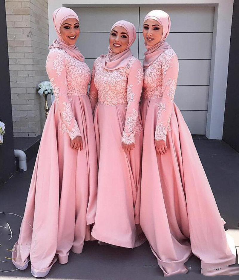 

2017 Blush Pink Muslim Bridesmaid Dresses Crew Long Sleeves Applique Evening Dresses A-line Modest Hajib Maid Of Honor Dresses