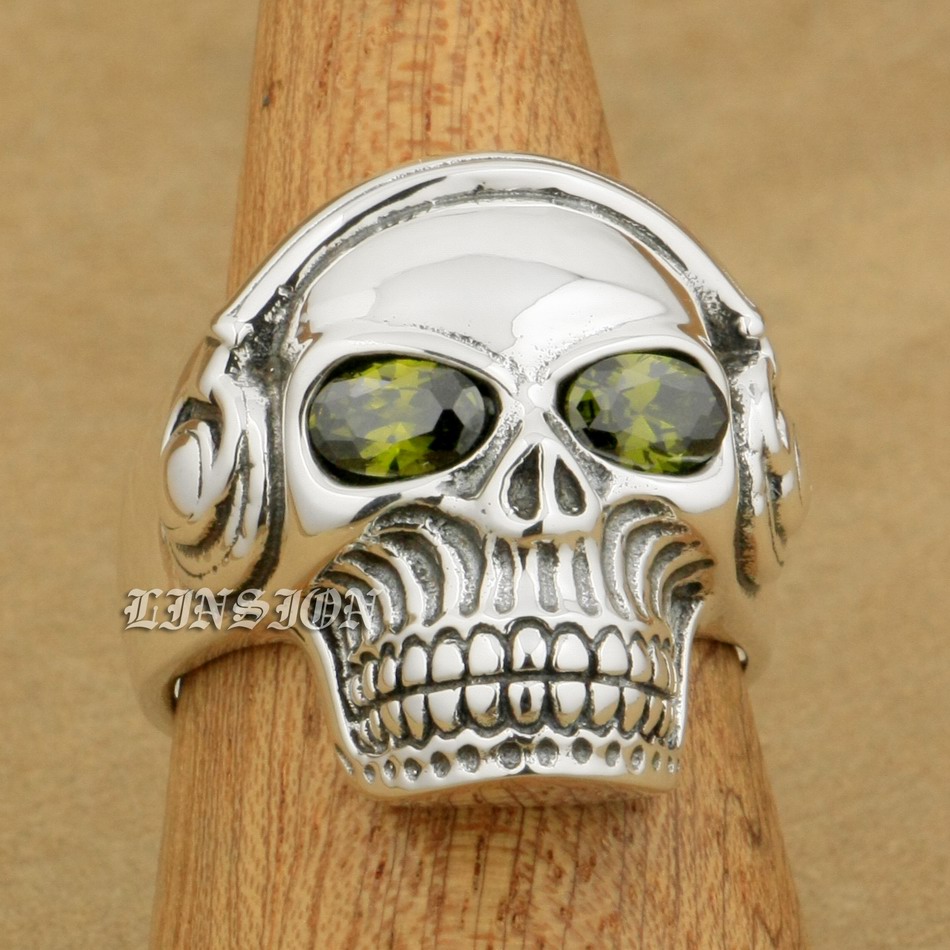 

LINSION Green CZ Eyes 925 Sterling Silver DJ Skull Studio Music Headphone Mens Boys Biker Rock Punk Ring 8Y311 US Size 7 to 15