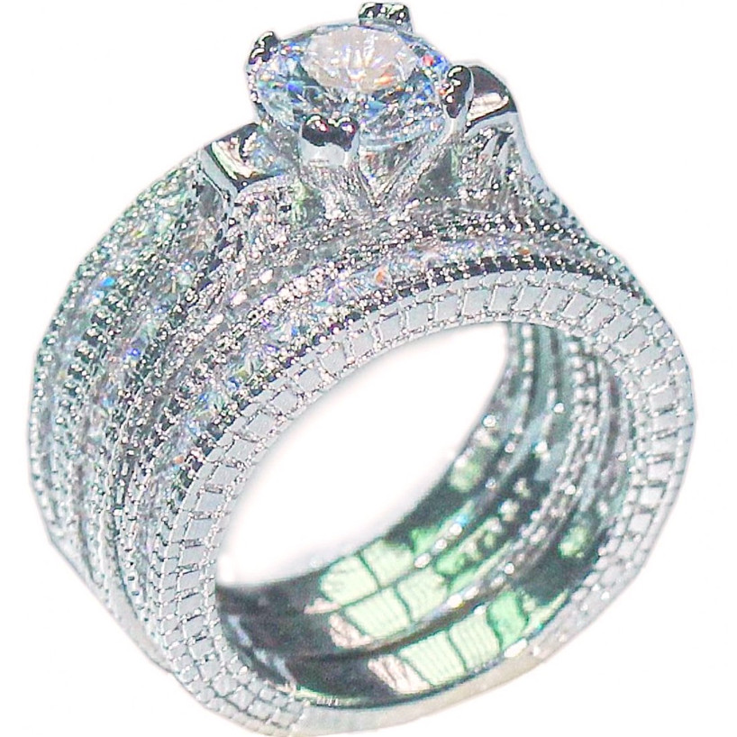 

Luxury 10KT white gold filled Wedding Gemstone Rings Sets for Women bijoux for lady Vintage Shiny Round Simulated Diamond CZ Jewelry 3-in-1