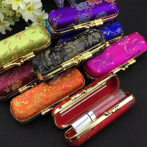 

Empty Vintage Lipstick Box Storage Case with Mirror Silk Brocade Lip Balm Packaging Tubes Lip gloss Containers 10pcs/lot, Multi