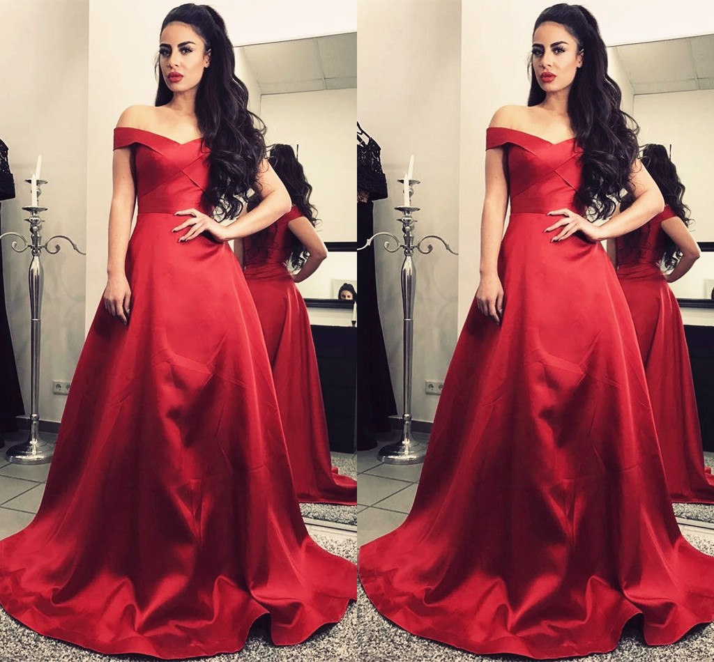

Dark Red Off Shoulder Satin Ball Gown Prom Dresses 2018 Simple Elegant Evening Dresses Formal Party Dresses Sweep Train, Fuchsia