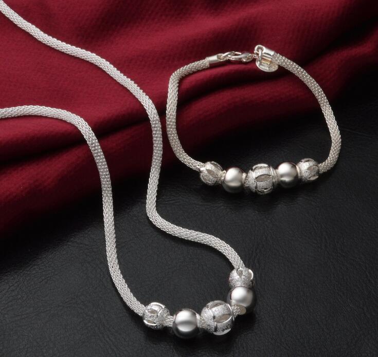 

2017 New fashion Mark 925 silver platings Mesh chain Hollow bead Necklace Bracelet Man woman Lovers bracelet necklace Jewelry Set