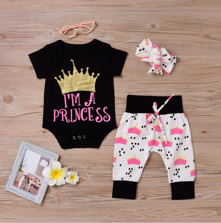 

Baby girl 3pcs Clothing Sets Infant Onesies Romper + pant + Headband Set I'M A PRINCESS infant crown princess clothes suit, As picture