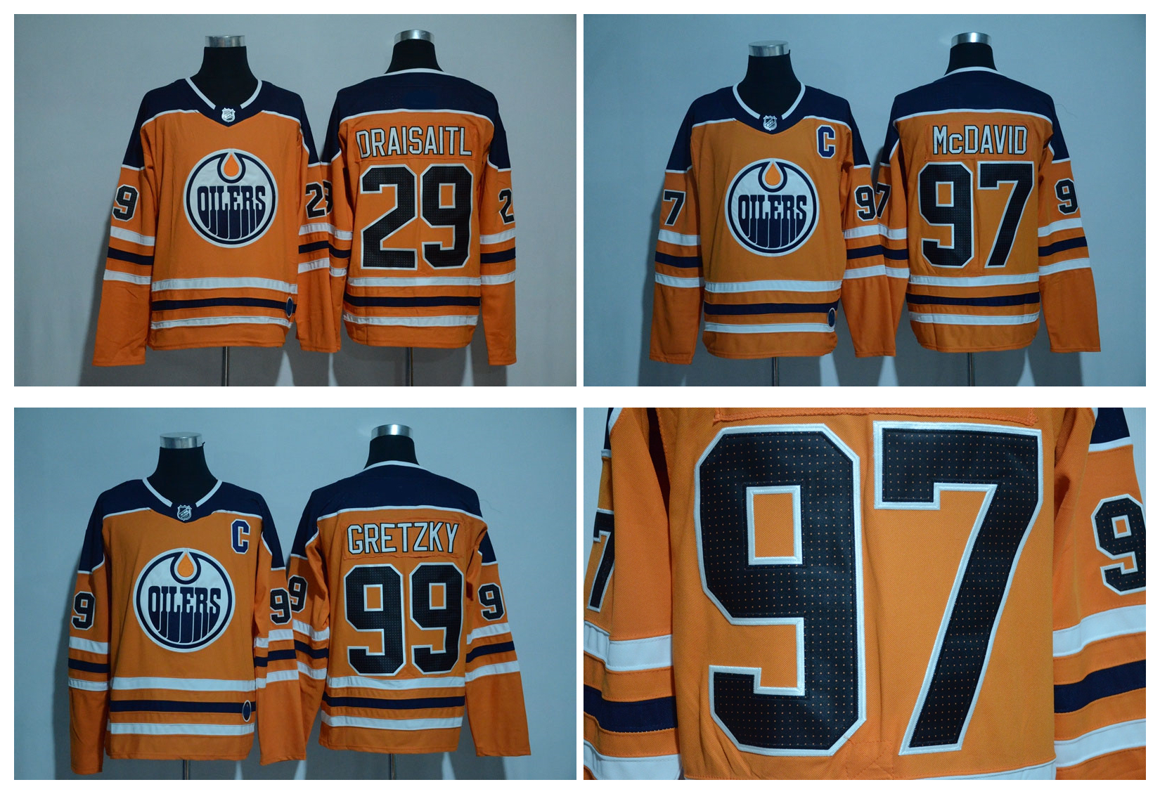 

2017-2018 Season Edmonton Oilers Hockey Jersey 97 Connor McDavid 99 Wayne Gretzky 29 Leon Draisaitl Orange Authentic Stitched Jerseys, Blue