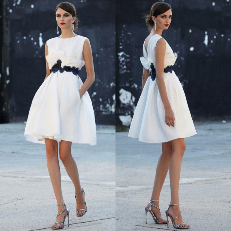 

Cheap White Simple Design Cocktail Dresses Short Formal Evening Gowns With Pockets Plus Size Prom Dress, Silver