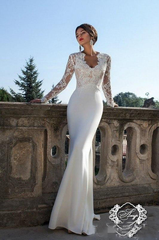 

2017 New Glamorous Mermaid Wedding Dresses With Long Sleeves V Neck Sweep Train Satin And Lace Bridal Gowns Custom Made, Custom made from color chart