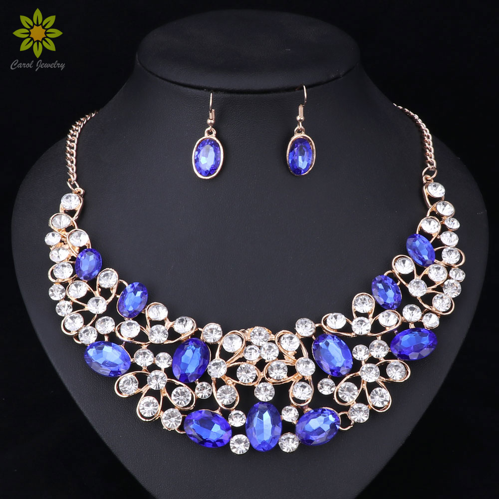 

New Design Gold Color Crystal Bridal Jewelry Sets Wedding Prom Party Dress Accessories Charms Jewellery Necklace Earring