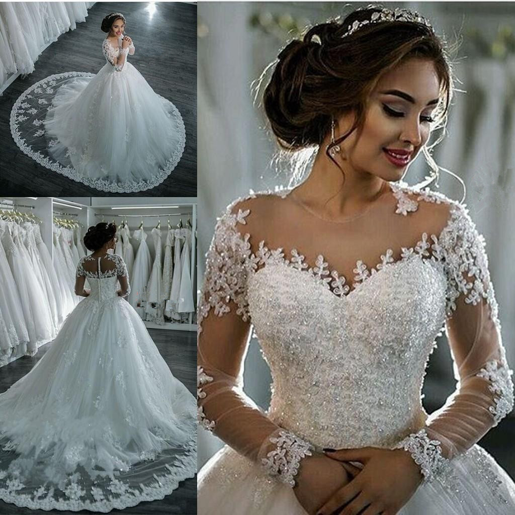 

Luxury Long Sleeves Wedding Dresses Dubai Appliques Lace Puffty Cheap Beaded Sheer Neck Cathedral Train Bridal Gown Bohemian Country Spark, White