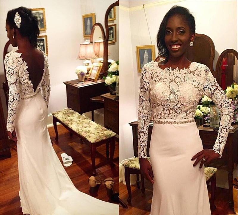 

New Rich Black Girls Prom Dresses Backless Long Sleeves Alpplique Lace Formal Evening Gowns Celebrity Red Carpet Runaway Dresses, Ivory