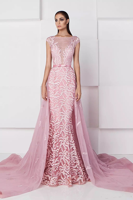 

Pink Applique Floor Length Sheath Evening Dress Bateau Neckline Overskirt Prom Gown With detachable Train Formal Occasion Wear, Purple