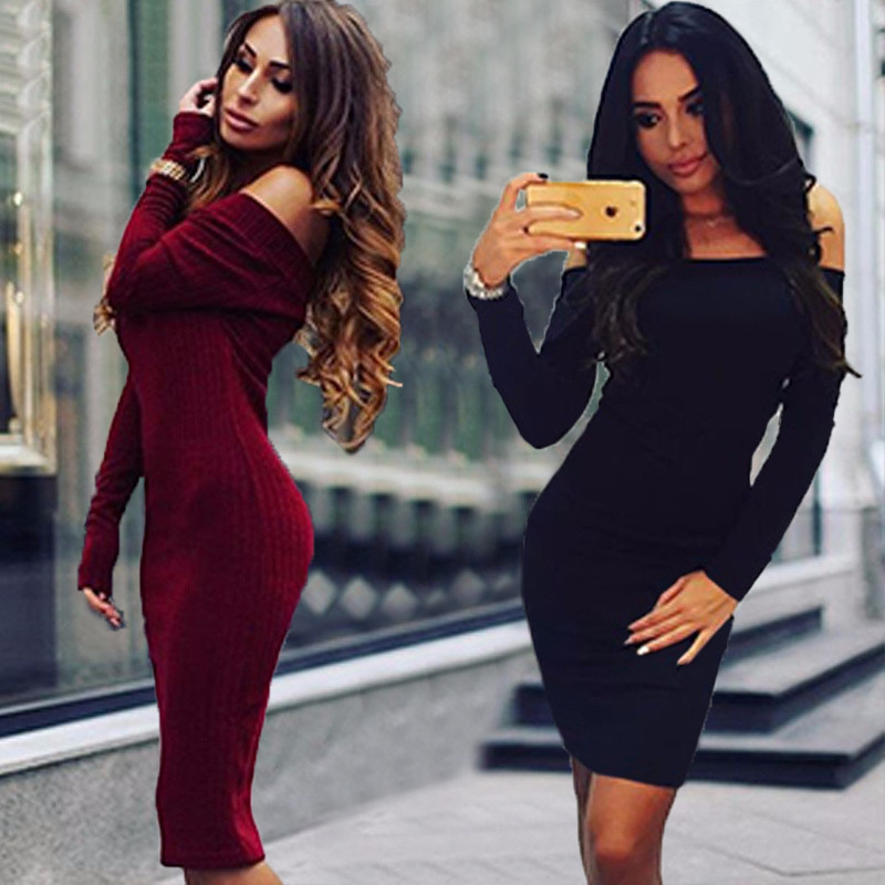 

Slash Neck Off Shoulder Long Sleeve Knitted Cotton Sexy Dress Women Winter Warm Elastic Midi Club Bodycon Dress Casual Dresses, Red
