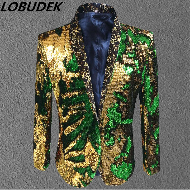 

male gold green sequin jacket coat blazer costume prom wedding groom fashion outfit purple singer host stage performance clothes formal show, Silvery black