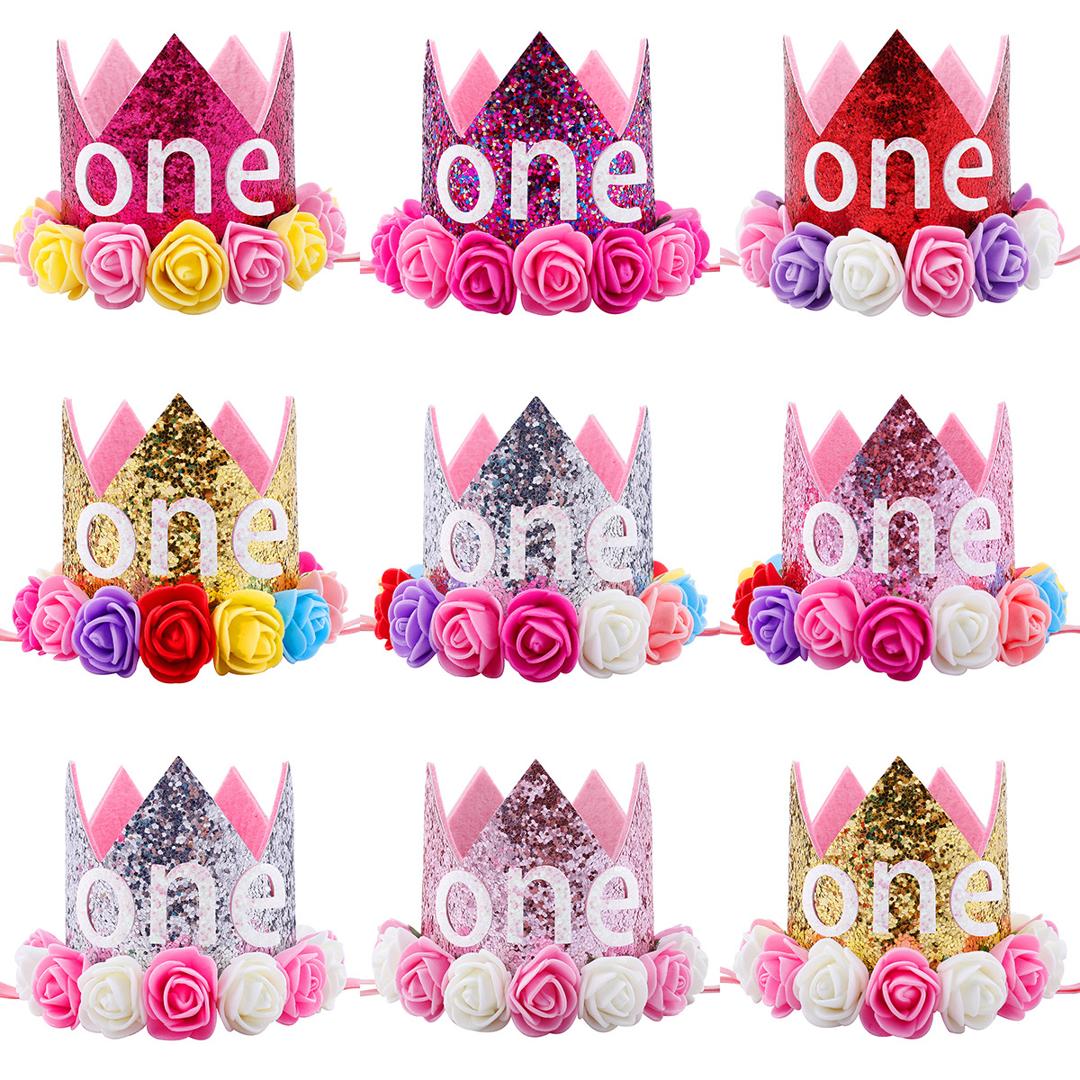 

Hot New Baby One Birthday Sparkly Party Crown Artificial Pink and Creamy Rose Flowers Tiara Headband HJ146