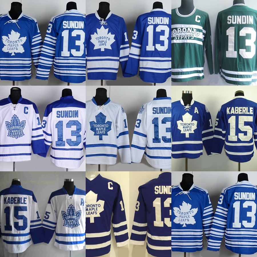 Usine Outlet Hommes Toronto Maple Leafs # 13 Sundin # 15 Kaberle Bleu Blanc Vert Le plus récent Meilleure Qualité Pas Cher maillots de hockey sur