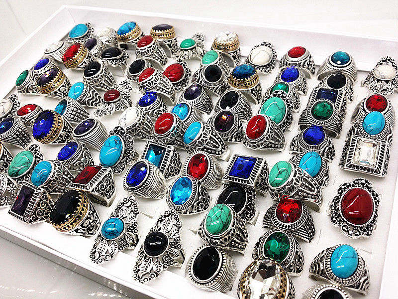 

Wholesale Many Mix Style Antique Silver Vintage Jewelry Stone Gemstone Rings For Man Women Best Gift Ring