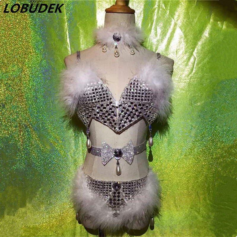

Rabbit hair Sparkly Rhinestones Bikini sexy female costumes flash Diamond 4 piece sets nightclub DJ JAZZ performance wears prom stage show, Silvery white