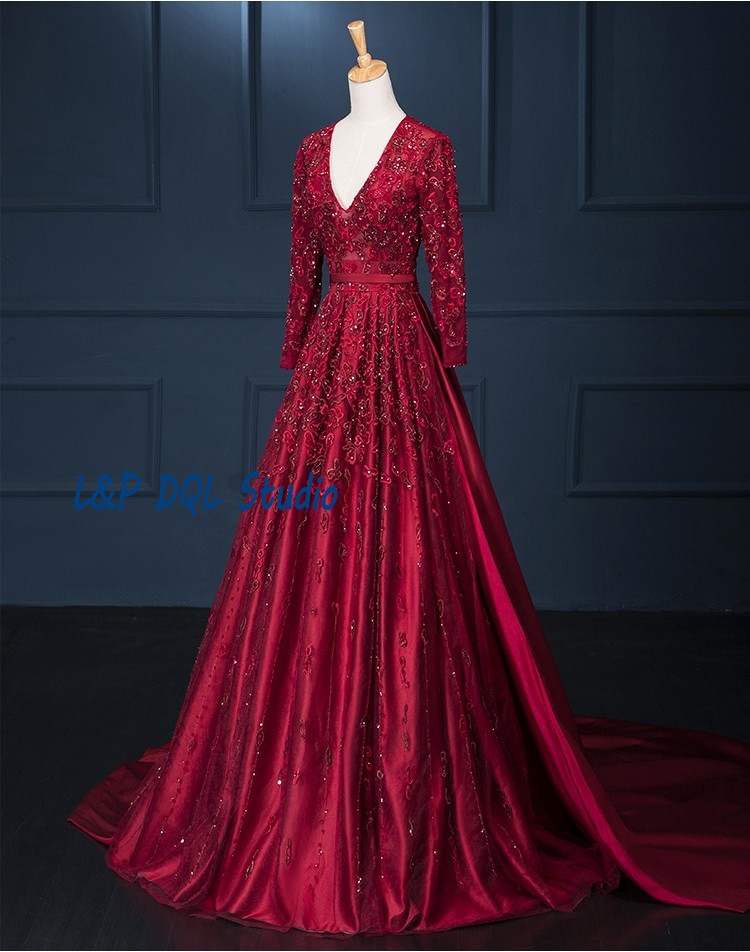 

Gorgeous Prom Dresses Wine Red Evening Dear V-Neck Long Sleeve tulle Satin with Embroidery Court Train Evening Gowns with Beads Sequins, Same as picture
